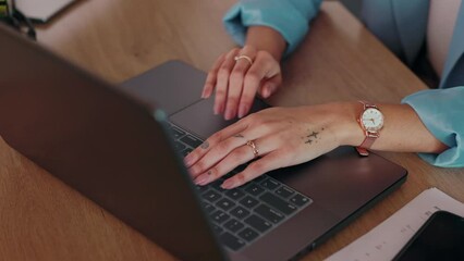 Aufkleber - Hands, business woman or laptop typing in startup brand seo, digital marketing software or web design coding. Top view, programming developer or technology for company website code, ux or website iot