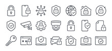 Safety, Protection And Security Concept Editable Stroke Outline Icons Set Isolated On White Background Flat Vector Illustration. Pixel Perfect. 64 X 64.