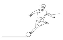 One Line Drawing Of Man Shooting Football Vector Illustration For Advertising,celebration,document, Application, Website, Web, Mobile App, Printing, Banner, Logo, Poster Design, Etc.