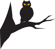 Vector Black And White Illustration. Silhouette Of Tree And An Owl On A Branch. Background For Postcard, Book, Design For Halloween