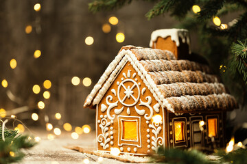 Christmas Gingerbread House with Window Xmas Lights over shining Garland. Winter Holiday Ginger Bread Cake with White Icing over Dark Fantasy Background. Merry Christmas Card Design