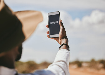 Poster - Black man, phone and lost network signal in nature environment, safari landscape and wild location. Hands, 5g mobile technology or gps travel map app in national park help search for confused tourist