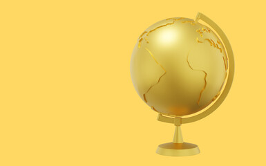 Poster - Globe Earth on a stand. Minimalist cartoon.Gold icon on yellow background with space for text. 3D rendering.