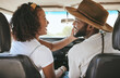 © Siphosethu Fanti/peopleimages.com - Road trip, black couple and summer freedom on holiday, relax and adventure in Brazil. Traveling woman, driving man and happy love journey, funny date or vacation drive together in motor car transport