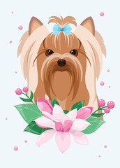 Wall Mural - A card with a Yorkshire terrier in flowers. Cute dog. Cartoon design.