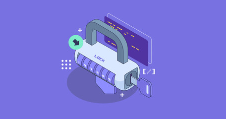 Poster - online server protection system concept with datacenter or blockchain. network data security isometr