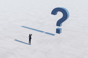 Poster - Doubt and fear concept with confused businesswoman and blue question mark on concrete surface
