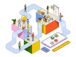 Poster - isometric virtual office with business people working together on app development. business manageme