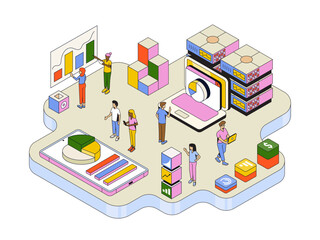 Concept with people or analysts working on data. Automated data analysis, financial forecast, market research. Modern isometric vector illustration