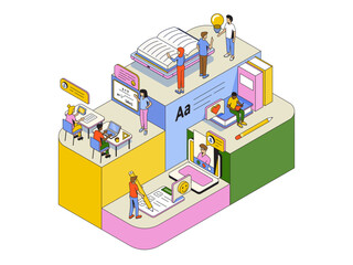 Wall Mural - students using an online learning app: innovative education and technology concept. modern infograph