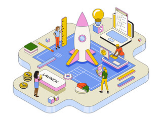 People work in a team and achieve the goal. Startup concept. Launch a new product on a market. Isometric vector illustration.