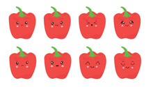 Red Pepper With Kawaii Eyes. Vector Illustration Of A Flat Design Of Red Pepper On A White Background