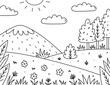 © lesyau_art - Cute kids coloring page. Landscape with sun, clouds, mountains, field, trees, bushes and flowers. Vector hand-drawn illustration in doodle style. Cartoon coloring book for children.