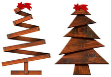 3D Illustration Of Two Small Wooden Christmas Trees With Red Comet Star Isolated On White Or Transparent Background, Png.