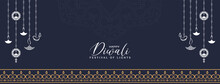 Beautiful Happy Diwali Festival Greeting Banner With Hanging Lamps Design