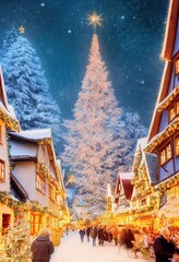 Wall Mural - 3D rendered computer generated image made to look like a digital oil painting. Holiday village during the winter. Christmas time in a small rural town