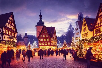 Wall Mural - 3D rendered computer generated image made to look like a digital oil painting. Holiday village during the winter. Christmas time in a small rural town