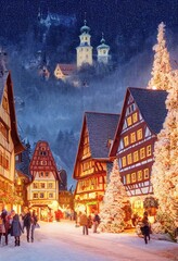 Wall Mural - 3D rendered computer generated image made to look like a digital oil painting. Holiday village during the winter. Christmas time in a small rural town