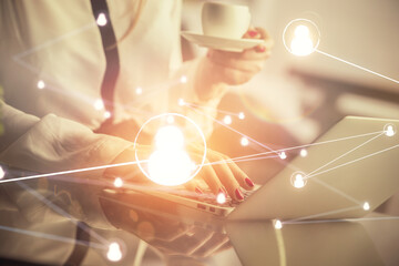 Poster - Double exposure of woman hands typing on computer and social network theme hologram drawing. People media concept.