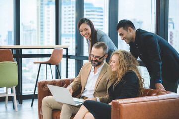 Canvas Print - professional businessman and businesswoman meeting to work with corporate project discussion with business team together, communication of colleague teamwork group man and woman in creative office