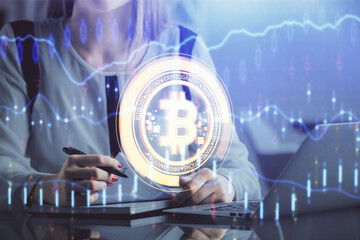 Aufkleber - Double exposure of woman hands typing on computer and crypto market theme hologram drawing. Blockchain concept.