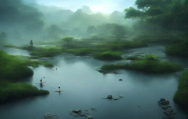 Beautiful Lush Green Scenery Lake and River Photomanipulation. 3D rendering