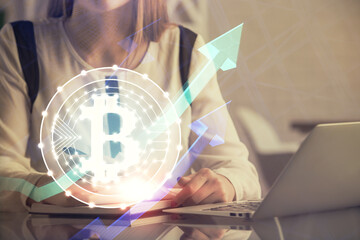 Poster - Double exposure of woman hands typing on computer and crypto market theme hologram drawing. Blockchain concept.