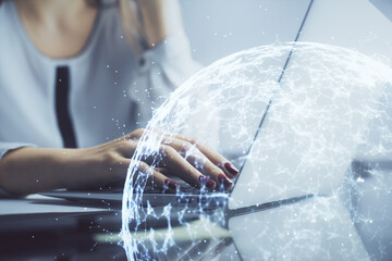 Poster - Double exposure of woman hands typing on computer and social network theme hologram drawing. People media concept.