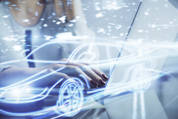 Poster - Double exposure of woman hands typing on computer and automobile theme drawing. High Tech concept.