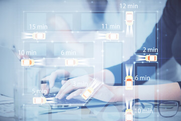 Poster - Double exposure of woman hands typing on computer and automobile theme drawing. High Tech concept.