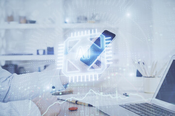 Poster - Double exposure of man's hand holding and using a digital device and data theme hologram drawing. Technology concept.
