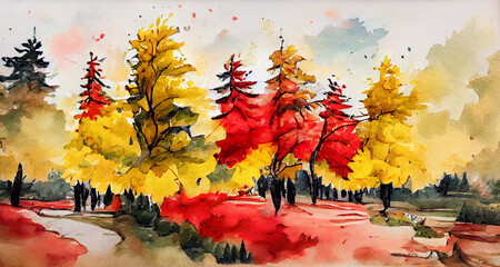 Wall Mural - Watercolor of autumn forest