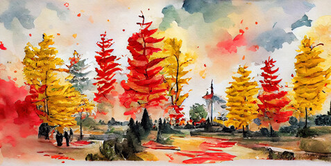 Wall Mural - Watercolor of autumn forest