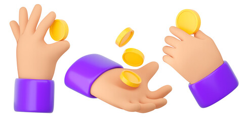 3d Human hands holding yellow gold coins set. Online payment, mobile bankind, transaction and shopping concept. High quality isolated render