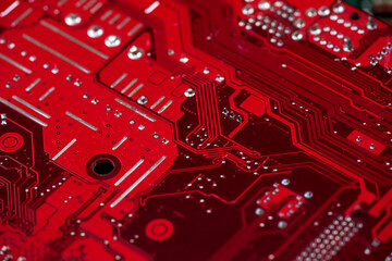 close up red circuit board background, computer technology