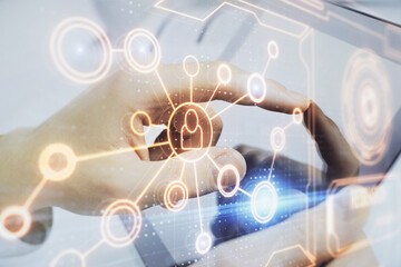 Poster - Double exposure of man's hands holding and using a phone and social network theme drawing.
