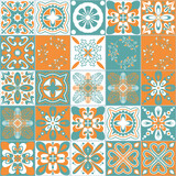 Fototapeta Kuchnia - Azulejo talavera portuguese ceramic tile traditional floral pattern, green mint orange retro background, vector illustration