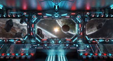 Wall Mural - Dark spaceship interior with glowing blue and red lights. Futuristic spacecraft with large window view on planets in space. 3D rendering