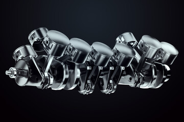 Wall Mural - Pistons, connecting rods and crankshaft of an internal combustion engine on a black background. Concept art, engine operation, V-12, repair, engine, car. 3D rendering, 3D illustration.