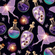 Magic seamless pattern with magic potion and moths