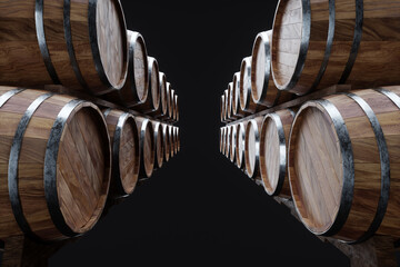 Wooden barrels for wine on a black background. Winemaking, wine. The concept of the production of alcoholic beverages. 3D rendering, 3D illustration.