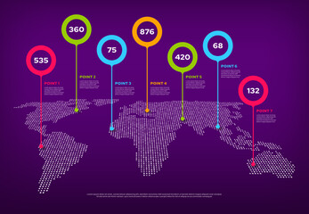 Leinwandbilder - World map infographic with pointers. Country landmark marker, travel data, information visualization or vector infographics chart. Worldwide location, international communication, connection graph