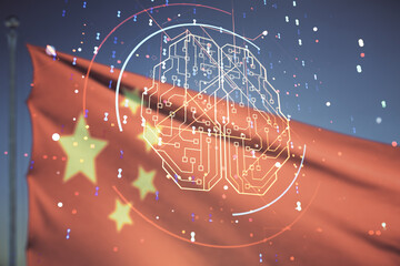 Poster - Double exposure of creative human brain microcircuit hologram on flag of China and blue sky background. Future technology and AI concept