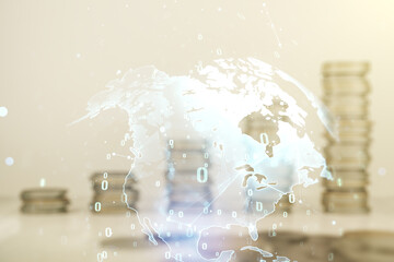 Poster - Multi exposure of abstract graphic coding sketch and world map on coins background, big data and networking concept