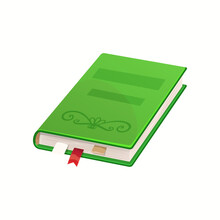 Cartoon Paper Book, Isolated Vector Closed Textbook, Bestseller Or Verses. Classic Literature Volume With Swirl Pattern On Green Cover And Bookmarks. Novels Digest, Diary, Fairytales Or Handbook