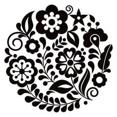 Wall Mural - Mexican folk art style vector round floral pattern, black and white nature design inspired by traditional embroidery from Mexico
 