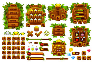 Poster - Jungle game interface. Ui game buttons, gui elements with vector palm leaves and exotic tropical forest liana plants. Wood option menu, progress bar and level panel, action buttons game asset