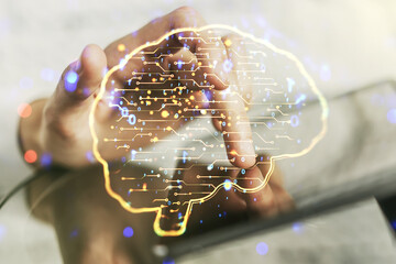 Poster - Creative artificial Intelligence concept with human brain hologram and finger clicks on a digital tablet on background. Multiexposure