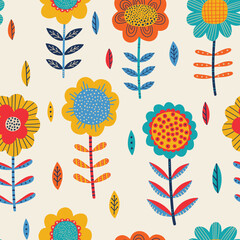 Wall Mural - Seamless floral pattern in folk style. Hand-drawn vector background with stylized flowers in scandinavian style.. For textiles, clothing, bed linen, office supplies.