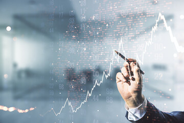 Poster - Multi exposure of man hand with pen working with abstract financial diagram and world map on blurred office background, banking and accounting concept